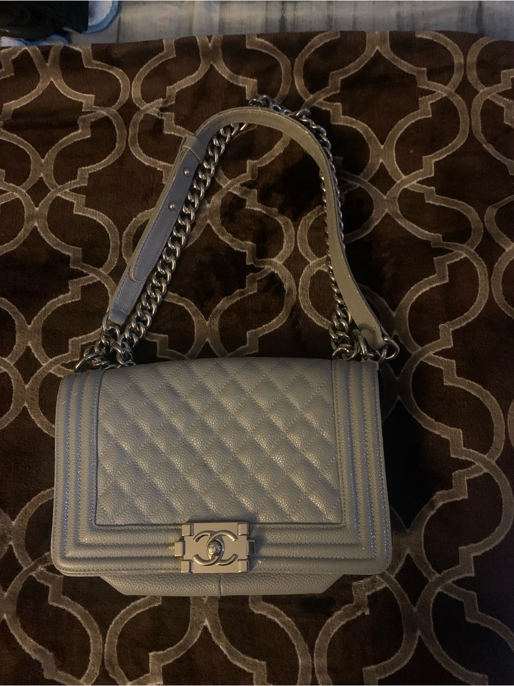 CHANEL Light Gray Quilted Boy Shoulder Bag